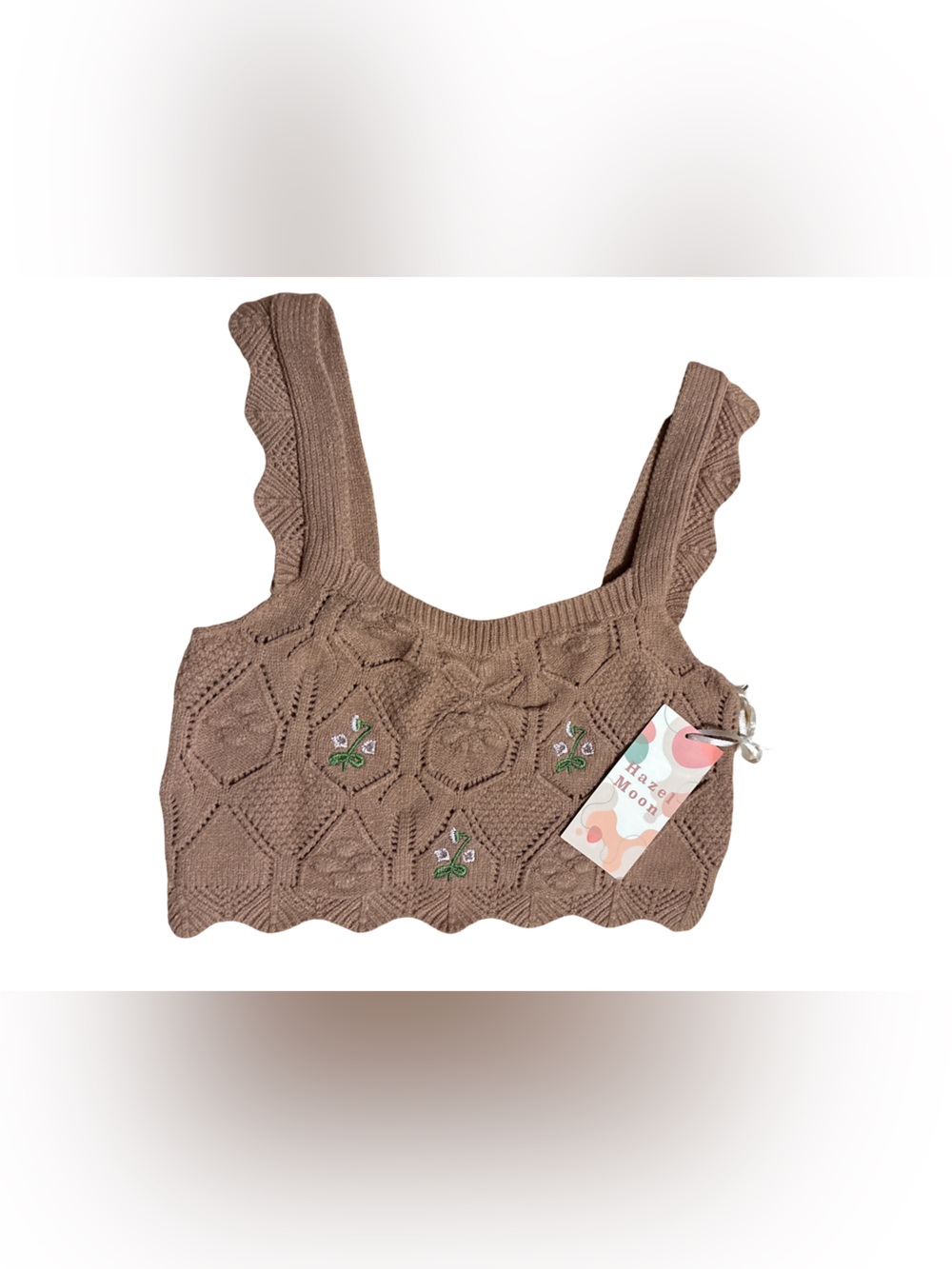 Scalloped Brown Off-the-Shoulder Knit Crop Sweater with Floral Embroidery